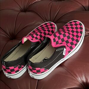 Vans Bold Pink and Black Checkered Slip-Ons